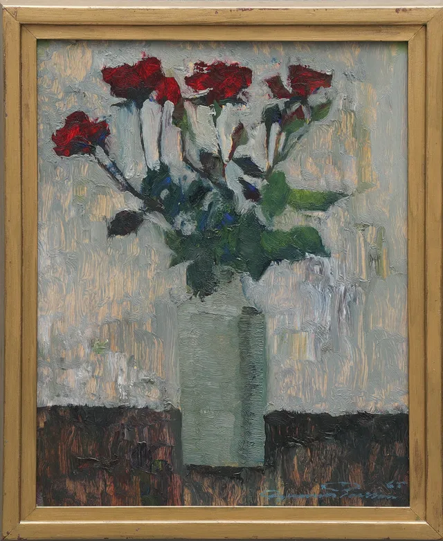 GUNNAR PERSSON (1908-1975). olja på pannå, stilleben med rosor i vas, signerad , daterad -65.