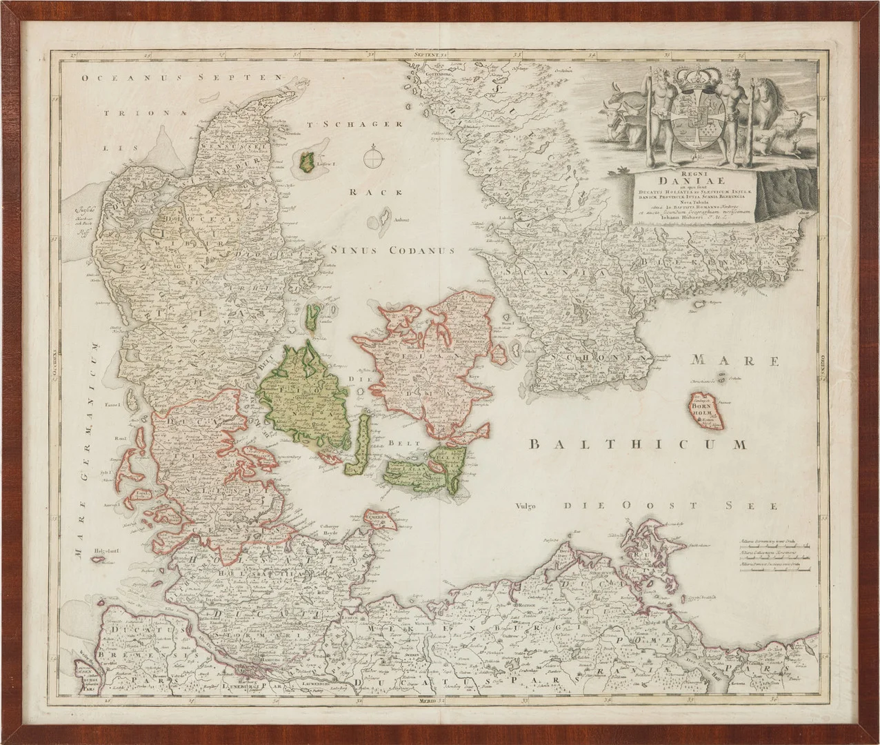 JOHANN BAPTIST HOMANN. Regni Daniae, Nürnberg, ca 1730. — Maps — Stockholms Auktionsverk Magasin 5