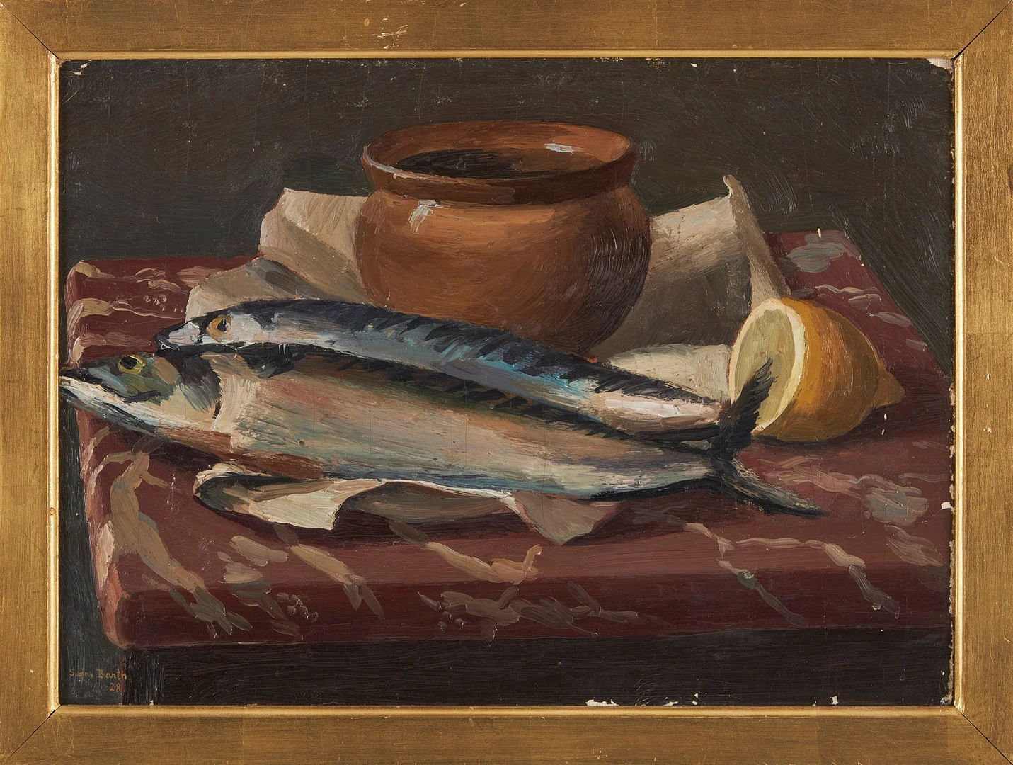 SIGNE BARTH. "Nature morte med makrillar", olja på pannå, signerad, daterad -28. — Paintings — Stockholms Auktionsverk Magasin 5