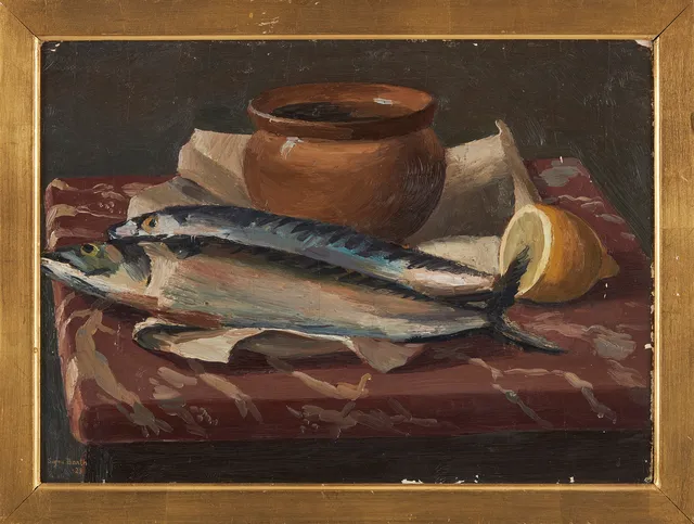 SIGNE BARTH. "Nature morte med makrillar", olja på pannå, signerad, daterad -28.