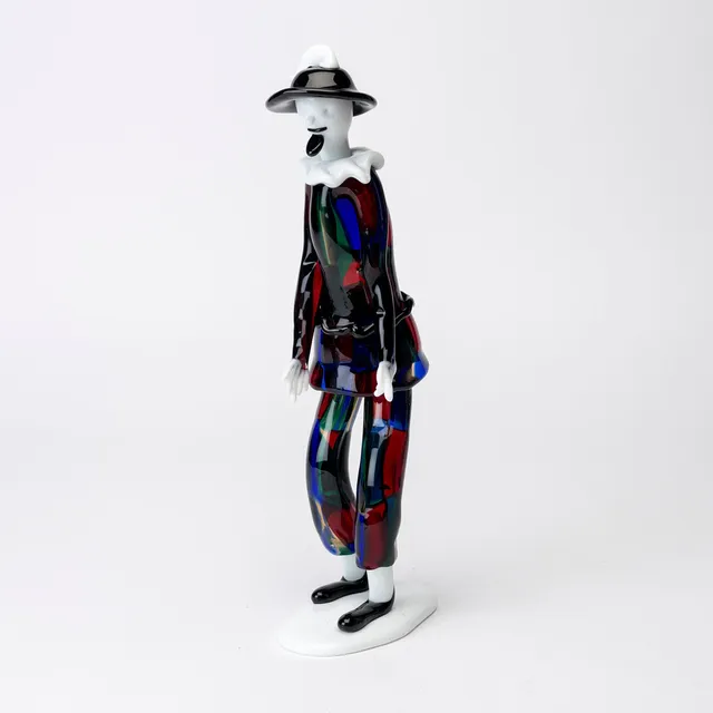 FULVIO BIANCONI. "Arlecchino", skulptur, Venini Murano, stående figur, Pezzato-klädsel i blått, rött och gult.