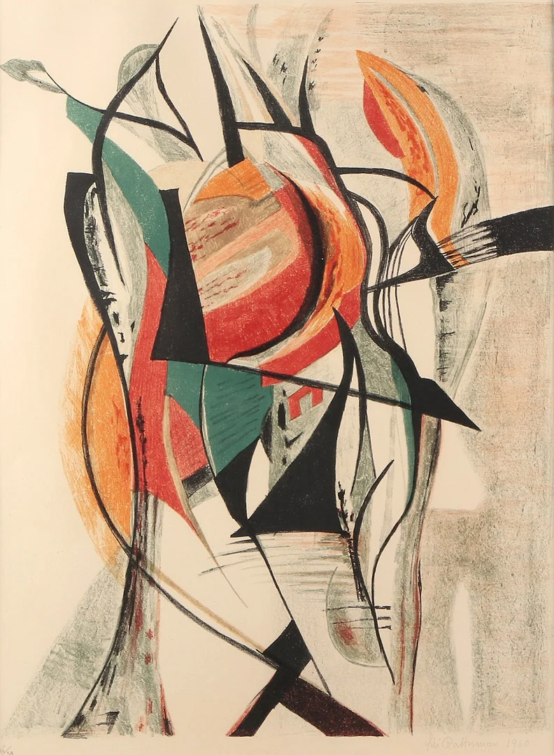 SIRI RATHSMAN. Litografi, 16/30. Komposition. Signerad och daterad 1960. — Engravings & Prints — Skånes Auktionsverk