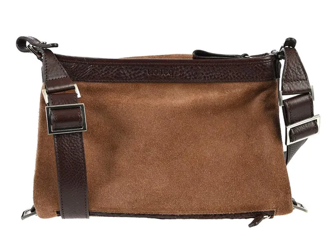 VÄSKA, BARON, brun mocka, brunt läder, silverfärgade beslag, 26x19x4 cm, avtagbar inner pochette, 14x12 cm, dustbag, bruksslitage.
