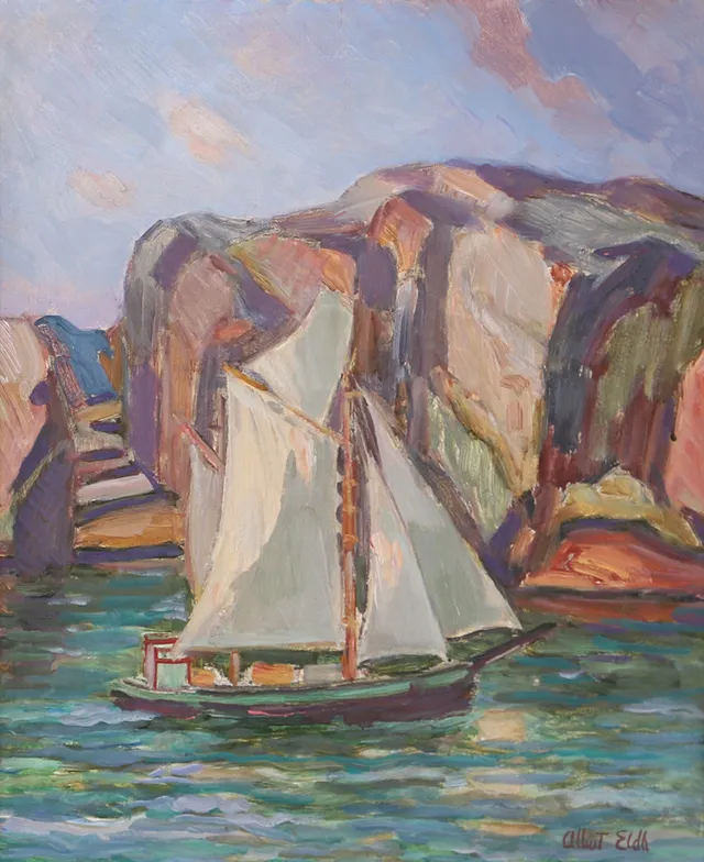ALBERT ELDH. Kustparti med segelbåt, olja på pannå, signerad.