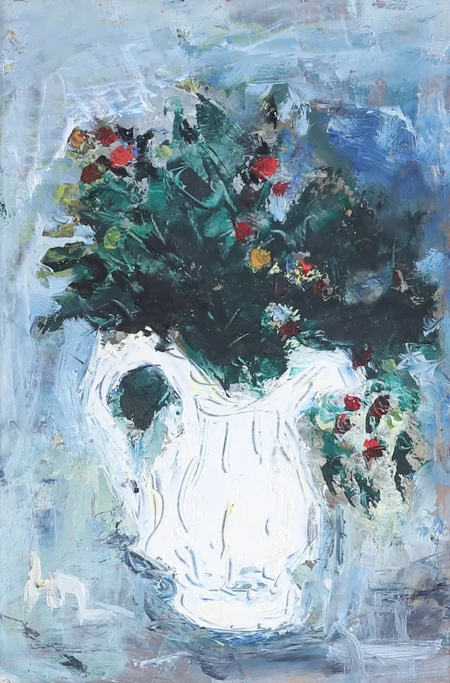 HANS OSVALD LARSSON. Stilleben med blommor & kanna, olja på pannå, signerad HOL.
