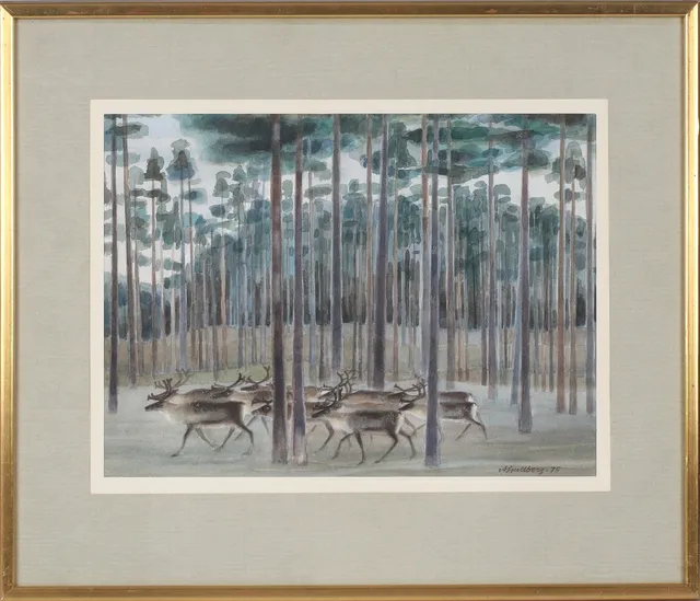 ANDERS GULLBERG. Renhjord i skog, akvarell på papper, signerad och daterad -75.