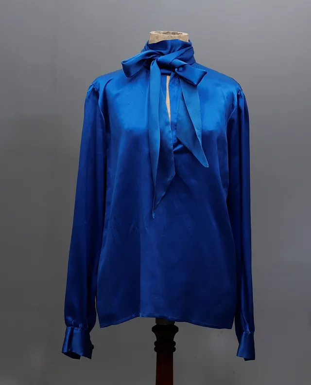 Klein blue silk satin blouse, probably by Yves Saint Laurent.