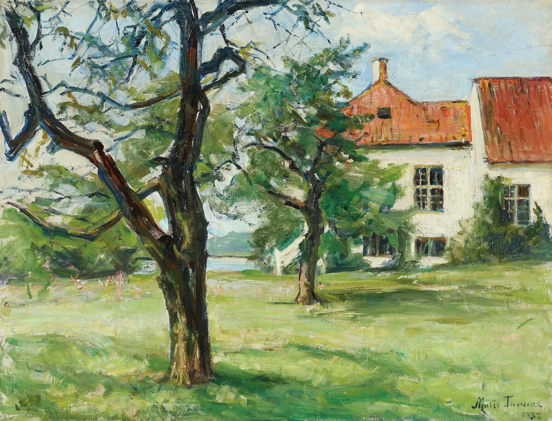 View from a garden by the sea. Signed Marie Tannæs 1937. Oil on canvas. 65×86 cm. — Paintings — Bruun Rasmussen