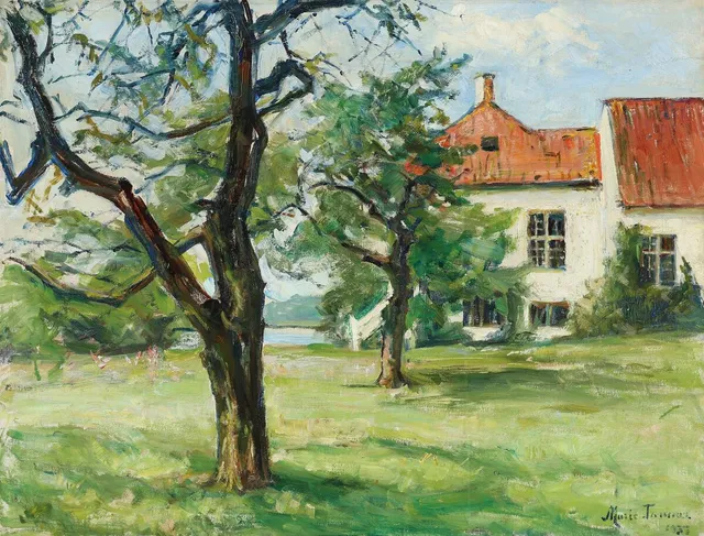 View from a garden by the sea. Signed Marie Tannæs 1937. Oil on canvas. 65×86 cm.