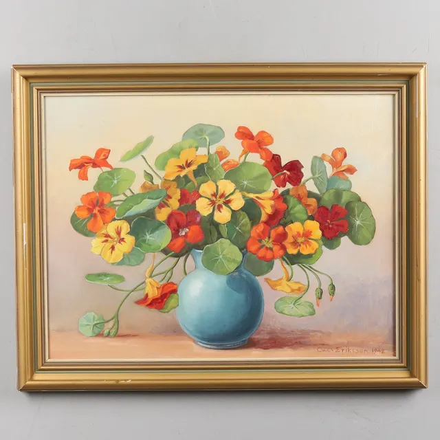 AXEL ERIKSSON. OLJA PÅ PANNÅ, blomsterstilleben, signerad, 1942.