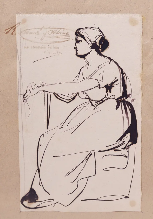 RAMON MARTÍ ALSINA. FIGURA FEMENINA. DIBUJO A TINTA CON SELLO DE TESTAMENTERÍA Y FIRMA DE SU HIJO RICARDO MARTÍ AGUILÓ.