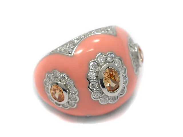 RING, sterling silver, rosa emalj, vita cubic zirconia och orangefärgade stenar, stl 19 mm, vikt 9,9 g.