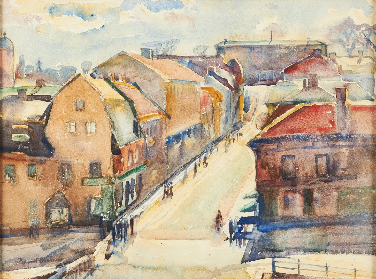INGEGERD BESKOW (Uppsala 1887-1978 Stockholm), Nybron och Drottninggatan i Uppsala - med Carolina Rediviva i fonden, signerad, akvarell. — Paintings — Crafoord Auktioner Stockholm
