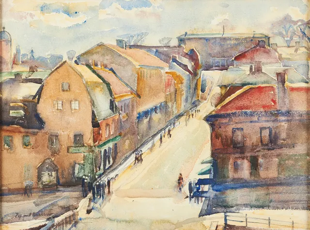 INGEGERD BESKOW (Uppsala 1887-1978 Stockholm), Nybron och Drottninggatan i Uppsala - med Carolina Rediviva i fonden, signerad, akvarell.