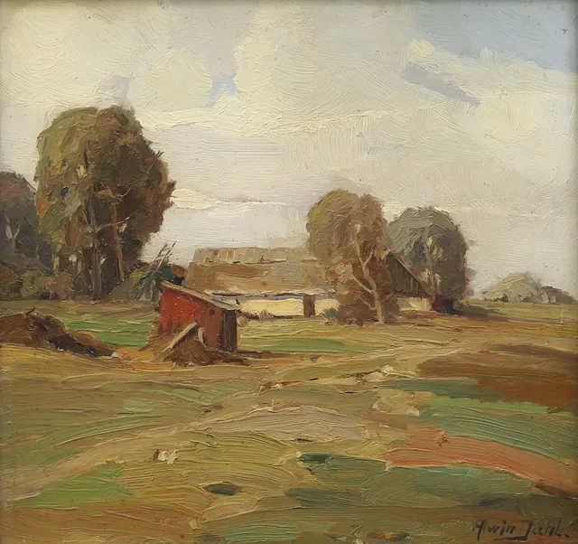 ALWIN DAHL (1889-1971). Gård i landskap, olja på pannå, signerad.