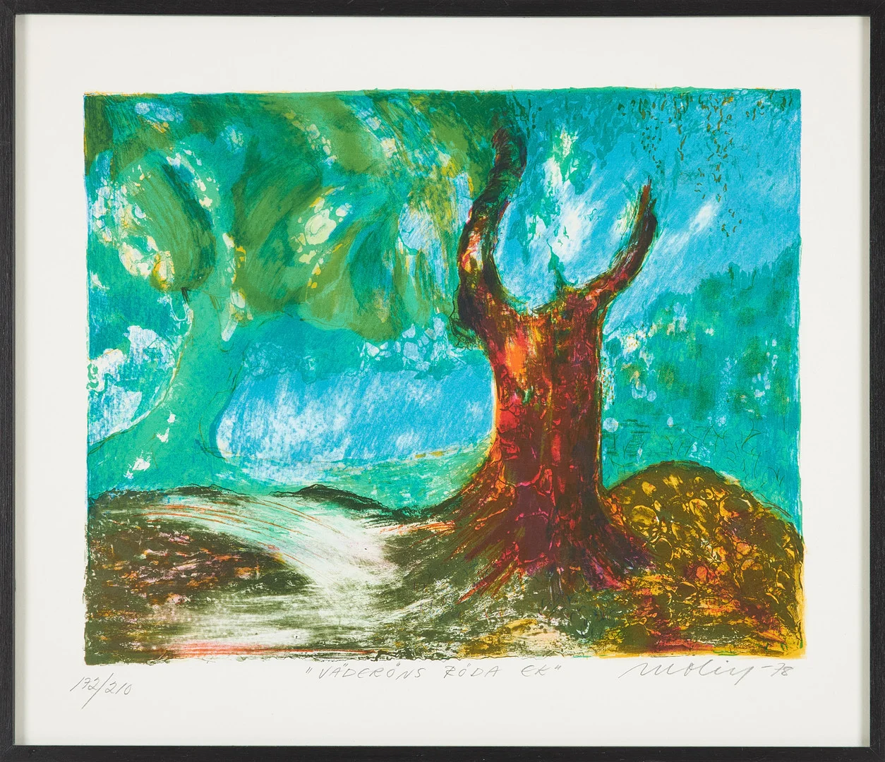 BRITA MOLIN. "Väderöns röda ek", färglitografi, numrerad 172/210, signerad Molin, daterad 1978. — Engravings & Prints — Stockholms Auktionsverk Sickla