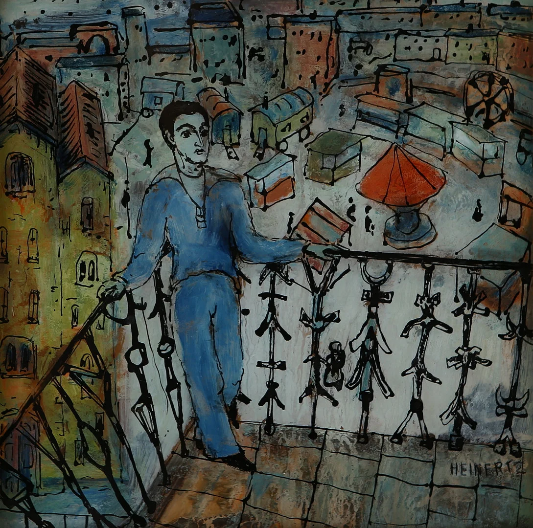 ERIK HEINERTZ. "Sjöman på balkong", blandteknik, signerad. — Paintings — Auktionshuset Kolonn
