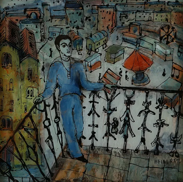 ERIK HEINERTZ. "Sjöman på balkong", blandteknik, signerad.