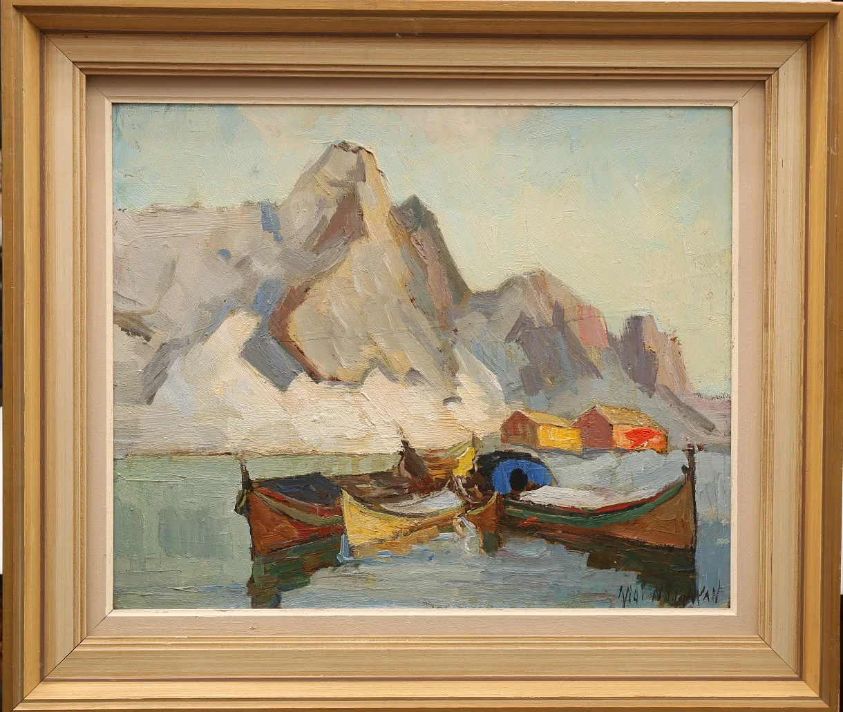 KNUT NORMAN. Olja på pannå, Fiskebåtar, signerad. — Paintings — Limhamns Auktionsbyrå