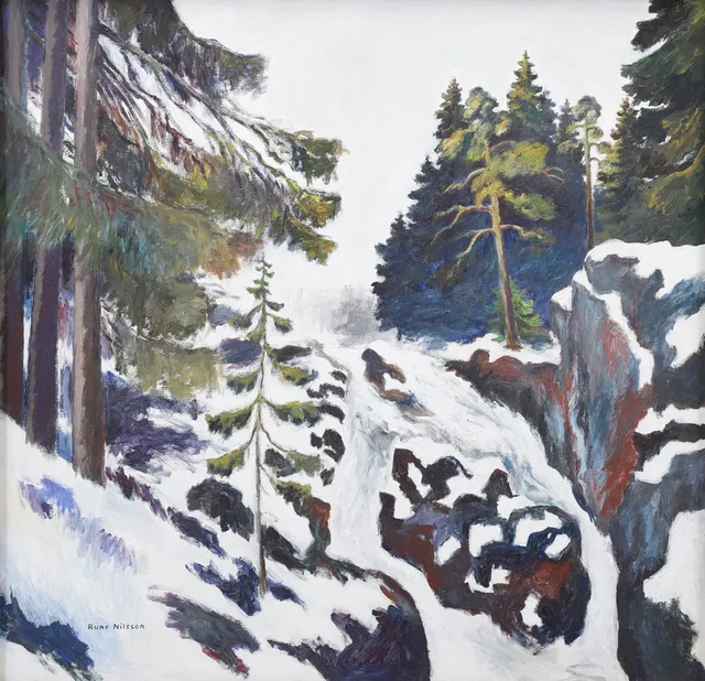 RUNE NILSSON. "Snösmältning vid styggforsen", olja på duk, sigerad.