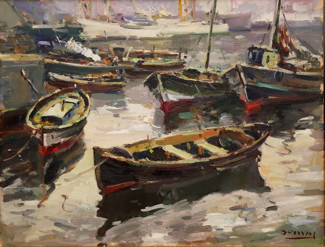ESCUELA CATALANA SIGLO XX. Puerto, óleo sobre lienzo, firmado J. Ferran.