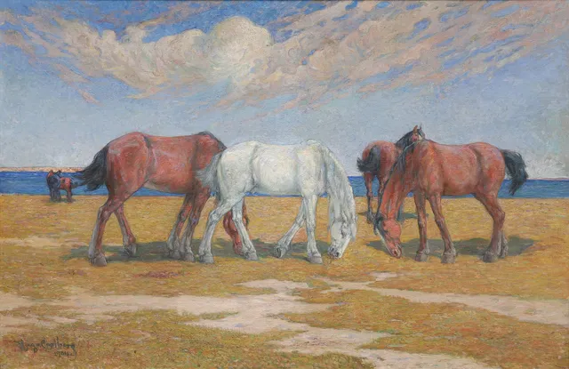 HUGO CARLBERG. Betande hästar vid kusten, olja på duk, signerad och daterad 1904.