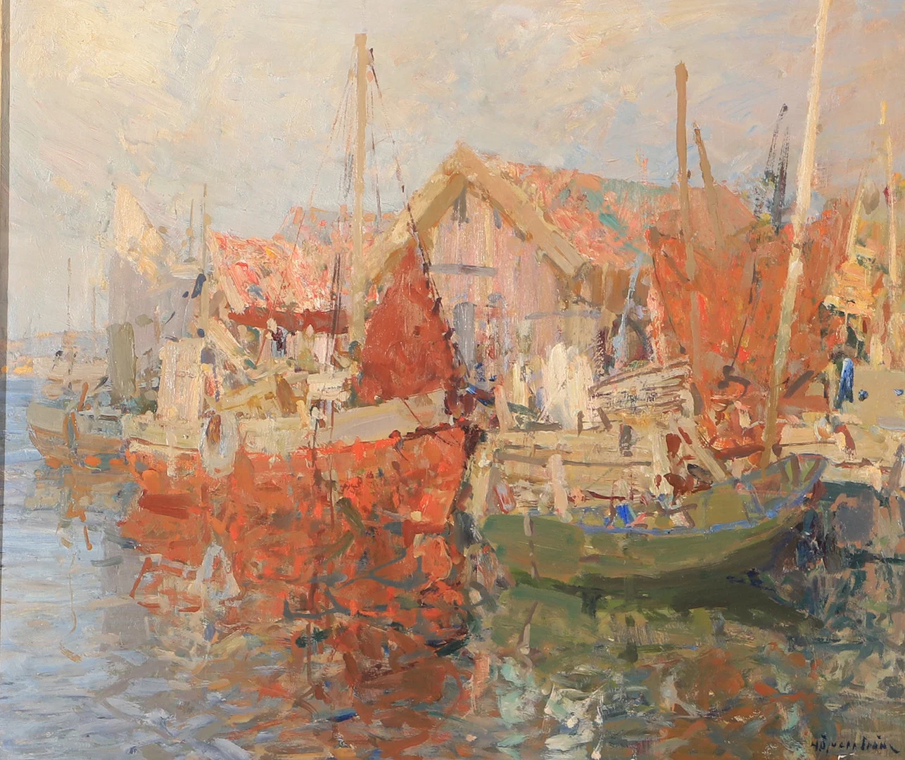 HUGO ÖFVERSTRÖM. Hamn med fiskebåtar, olja på pannå, signerad Öfverström. — Paintings — Helsingborgs Auktionskammare