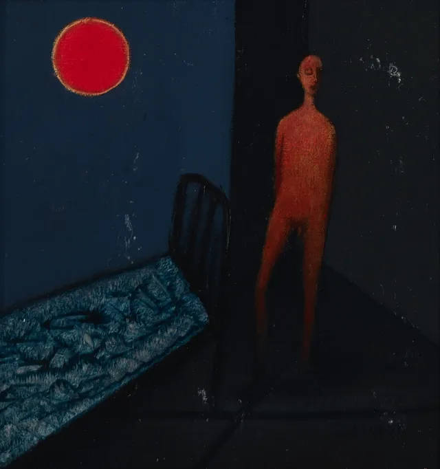 UBEKENDT POLSK KUNSTNER. Komposition med figur, olie på lærred monteret på plade, signeret og dateret 2002.