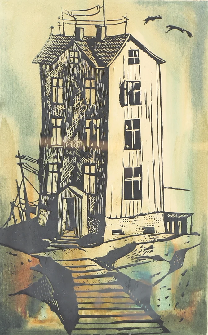 WALDEMAR MARBERG. Komposition med hus, färglitografi, signerad -54. — Engravings & Prints — Helsingborgs Auktionskammare