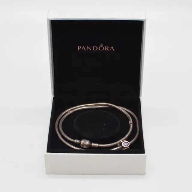 PANDORA, SCHLANGENKETTE MIT AMETHYSTANHÄNGER, 5X IM OVALSCHLIFF, VINTAGE.