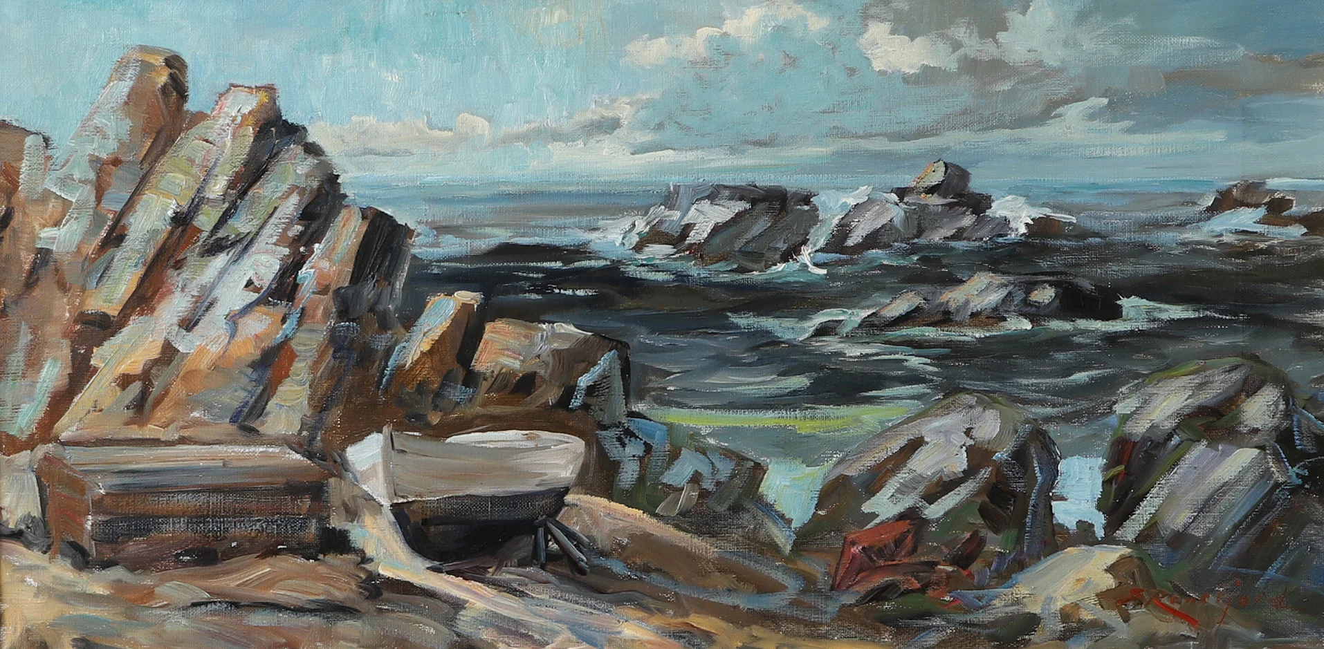 EMIL RUNEFJORD. Kustparti, olja på duk, signerad E. Runefjord. — Paintings — Helsingborgs Auktionskammare