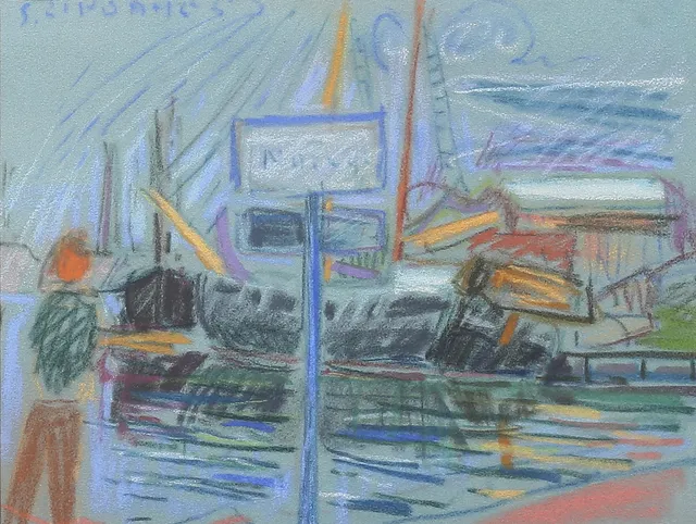 STEN LINDAHL. Hamnmotiv, pastell, signerad.