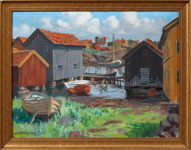 GUNNAR ZETTERSTRÖM. Fiskebodar, olja på duk, signerad.