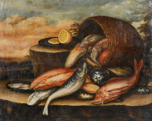 OKÄND KONSTNÄR. Stilleben med fisk, olja på duk, 1800-tal.