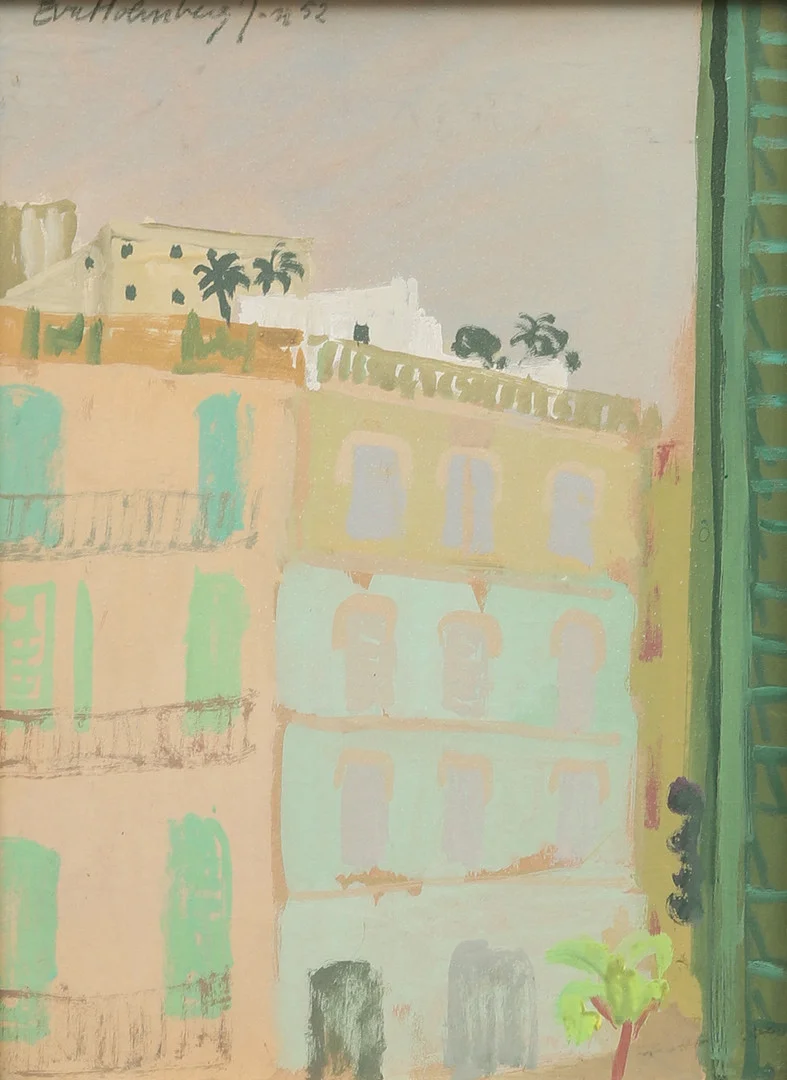 EVA HOLMBERG JACOBSSON. Sydländska husfasader, akvarell, signerad och daterad -52. — Paintings — Crafoord Auktioner Malmö