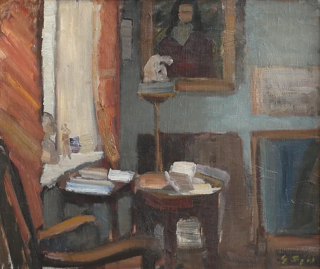 GUSTAF SJÖÖ. Interiör. Olja på pannå, signerad.