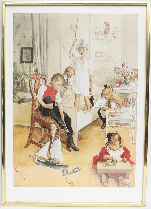 CARL LARSSON. Tryck efter, interiör med barn.