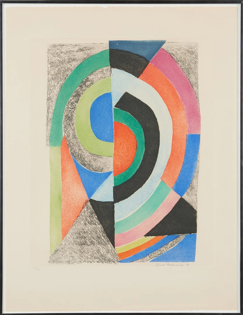 SONIA DELAUNAY. Komposition, färgakvatint, signerad och daterad Sonia Delaunay -71, 39/75, etikett a tergo. — Engravings & Prints — Stockholms Auktionsverk Magasin 5