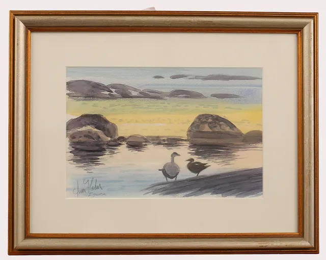 LARS HOLM. (1956-), akvarell, ejdrar vid vattenbrynet. Titel, ejdrar. Signerad.