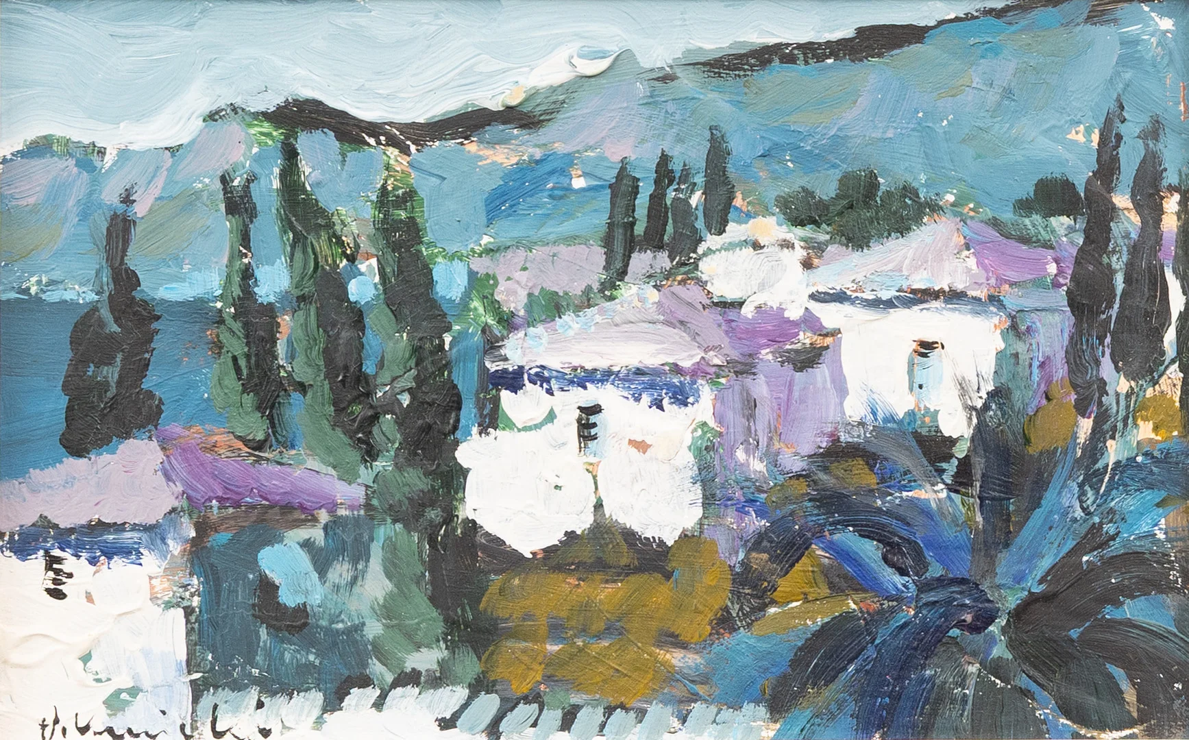 ALEXANDER KUNICKI. Landskap, olja på pannå, otydligt signerad. — Paintings — Garpenhus Auktioner