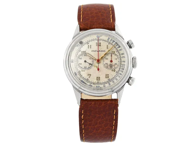 MOVADO, "Norwegian Air Force", "Francois Borgel Case", Cal 90 M, Boett nr. A99569X / 19048 / 9770, kronograf, herrur, 34 mm, stål, manuell, plexiglas, utbytt visare, läderband, ca 1945.