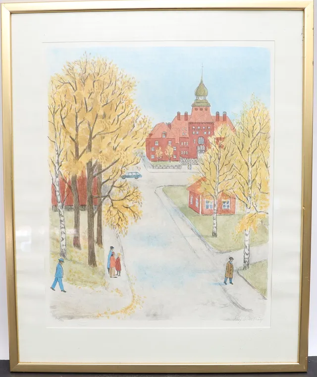 ROLF WIKSTRÖM. Stadsbild med figurer, färglitografi, signerad och numrerad.