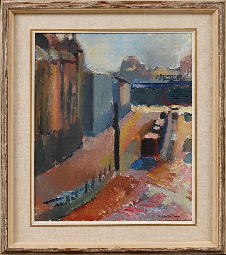 BIRGITTA FLINK. Stadsvy. Olja på duk, signerad och daterad -47. — Paintings — Göteborgs Auktionsverk