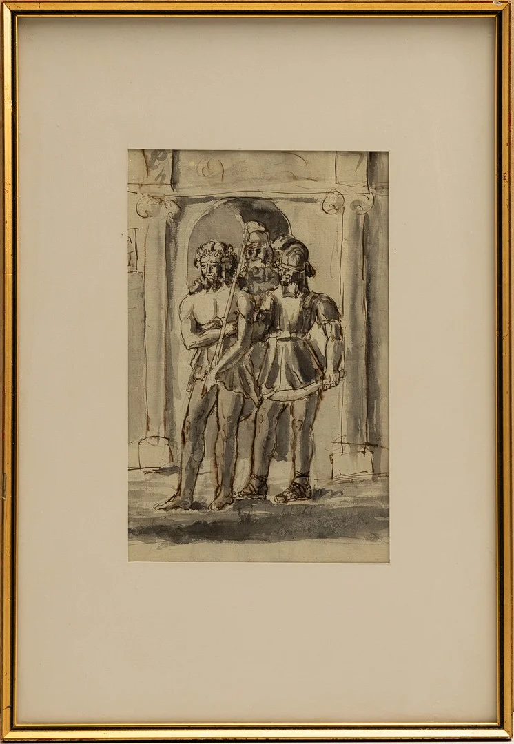 LOUIS MASRELIEZ (1748-1810). tillskriven, Män vid portal, Kolorerad teckning. — Drawings — Auktionshuset Kolonn