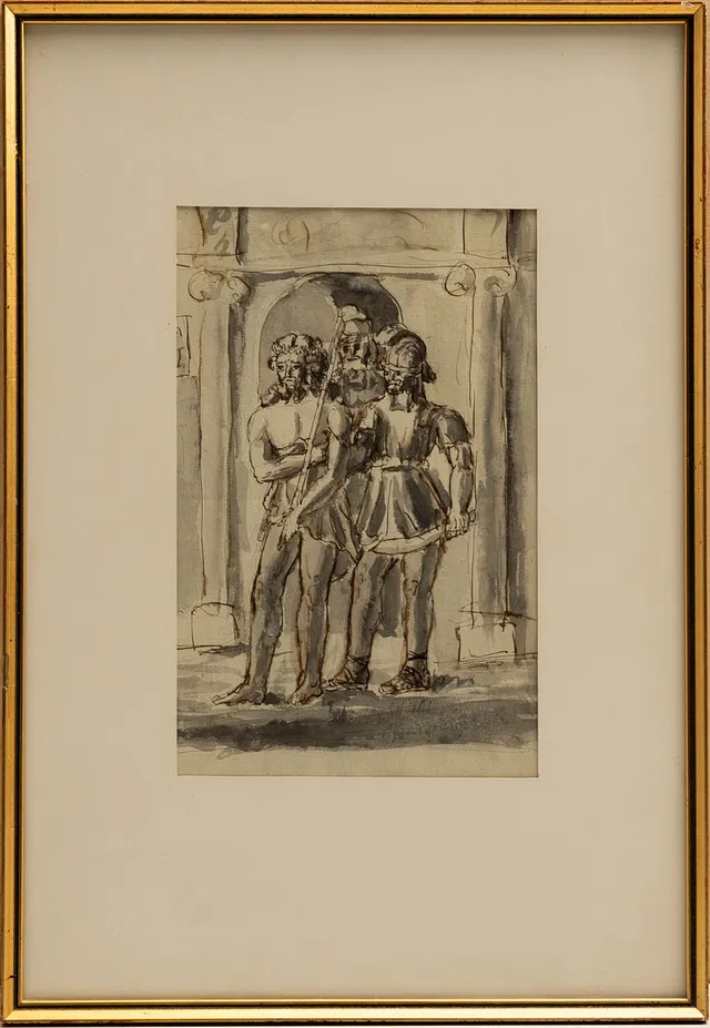 LOUIS MASRELIEZ (1748-1810). tillskriven, Män vid portal, Kolorerad teckning.