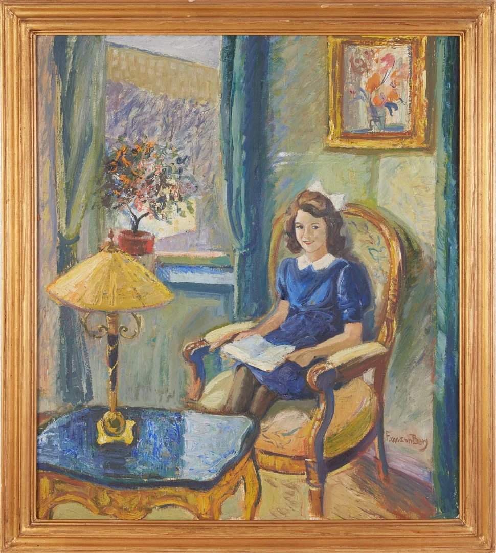 FOLKE WILHELMSSON BERG (1896-1974). interiör med läsande flicka, olja på duk, signerad F.W.son Berg. — Paintings — Stockholms Auktionsverk Magasin 5