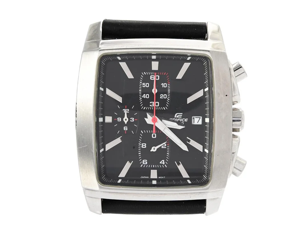 CASIO, Edifice (WR 100M), Boett nr. EF-509L /4369, kronograf, herrur, 37 x 39 mm, stål, quartz, mineralglas, datum, läderband, ca 2010. — Klockor/Casio — Kaplans