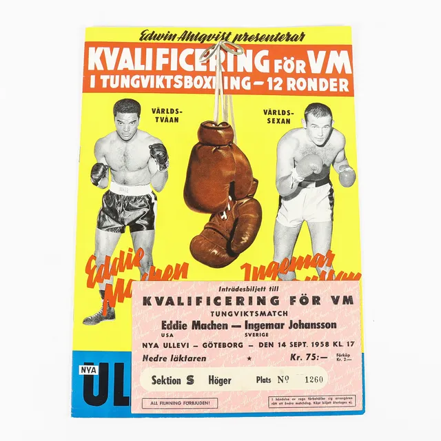 INGEMAR JOHANSSON Suvenirprogram och biljett till Kvalificeringsmatch för VM i tungviktsboxning 14 september 1958, autografer.