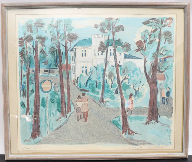 ROLF WIKSTRÖM. Landskap med hus och figurer, färglitografi, signerad, provtryck, med dedikation.