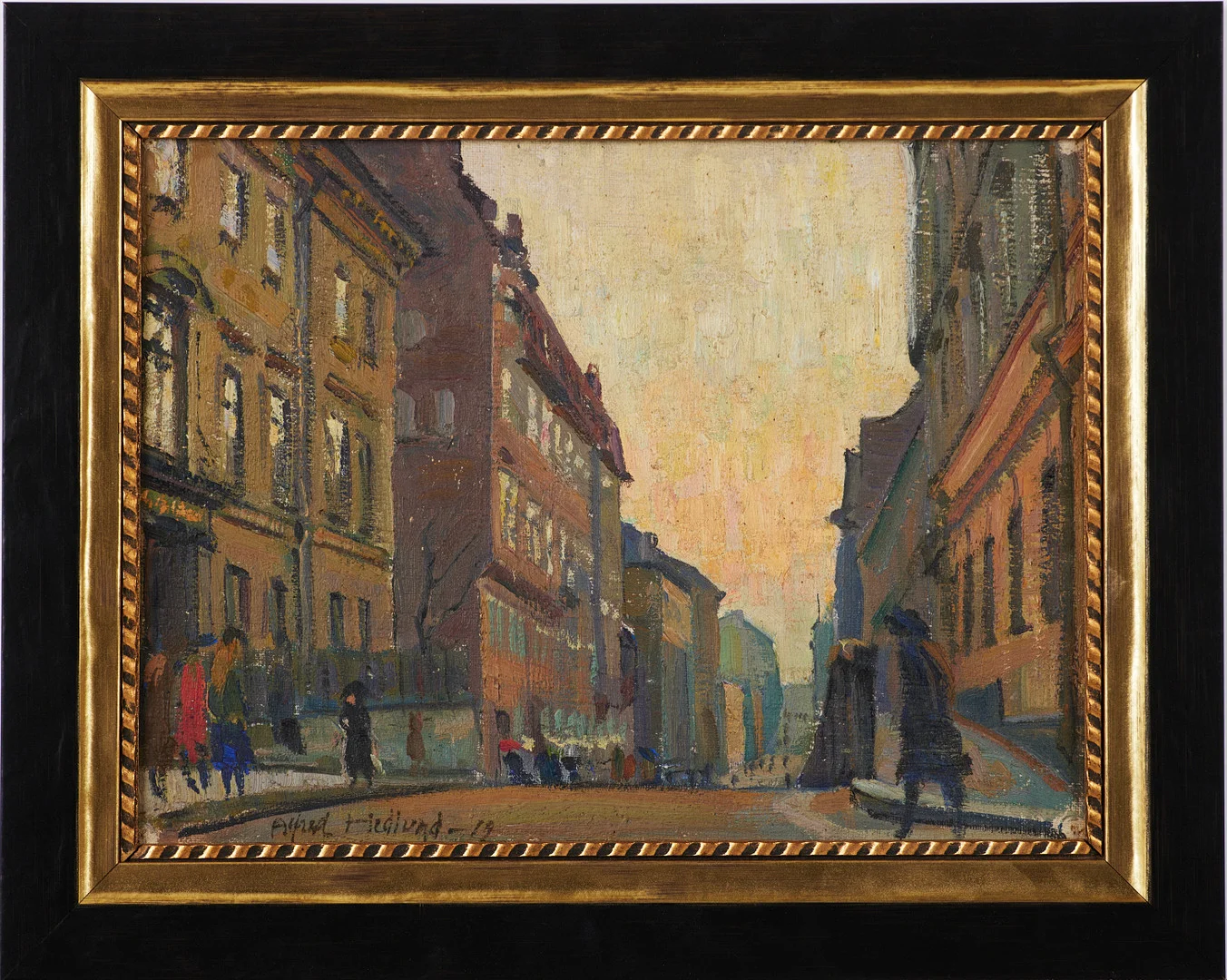 ALFRED HEDLUND (1884-1930). Stadsmotiv med flanörer, olja på duk uppklistrad på kartong, monogramsignerad och daterad -19. — Paintings — Stockholms Auktionsverk Magasin 5